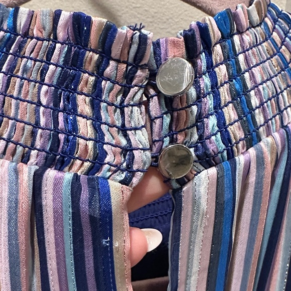 White House Black Market Navy and Warm Tones Gold Striped Halter Dress - Picture 11 of 15